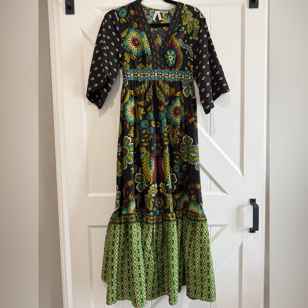 Anthropologie Black and Green Floral Maxi Dress